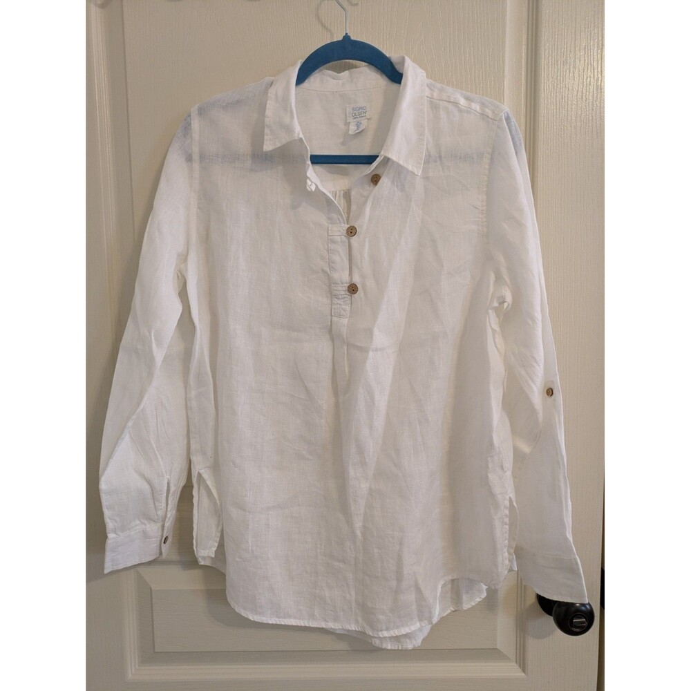 Sigrid Olsen White 100% Linen Button Down Shirt Women’s Size Large Roll Tab